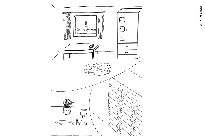 Eine Illustration auf dem verschiedene Zimmer zu erkennen sind: Ein Zimmer mit einem Esstisch, ein Zimmer mit einem Schrank und einem Schreibtisch am Fenster und ein Zimmer mit einem Postschrank. 